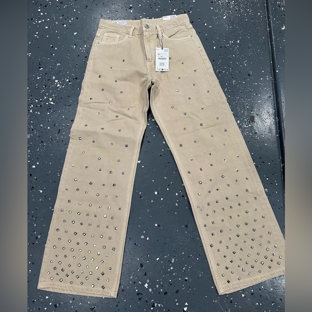Zara Tan Denim Pants with Silver Accents